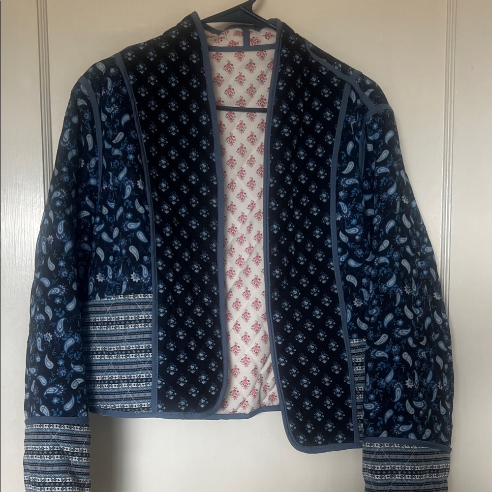 Patterned Navy Open-Front Quilted Jacket